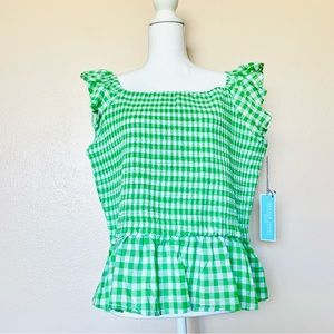 Draper James RSVP Green & White Gingham Smocked Blouse.